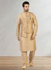 Beige Colour New Festive Wear Jacquard Banarasi Silk Digital Print Kurta Pajama With Jacket Mens Collection 1068